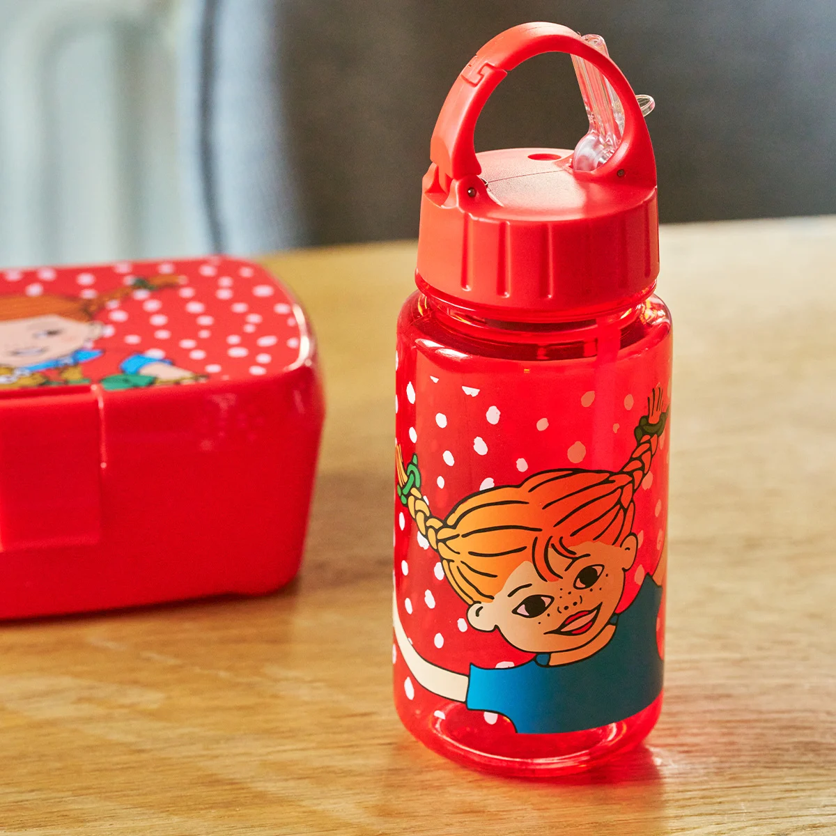Pippi flaska med sugrör 3,5 dl - Prickig, röd - 6