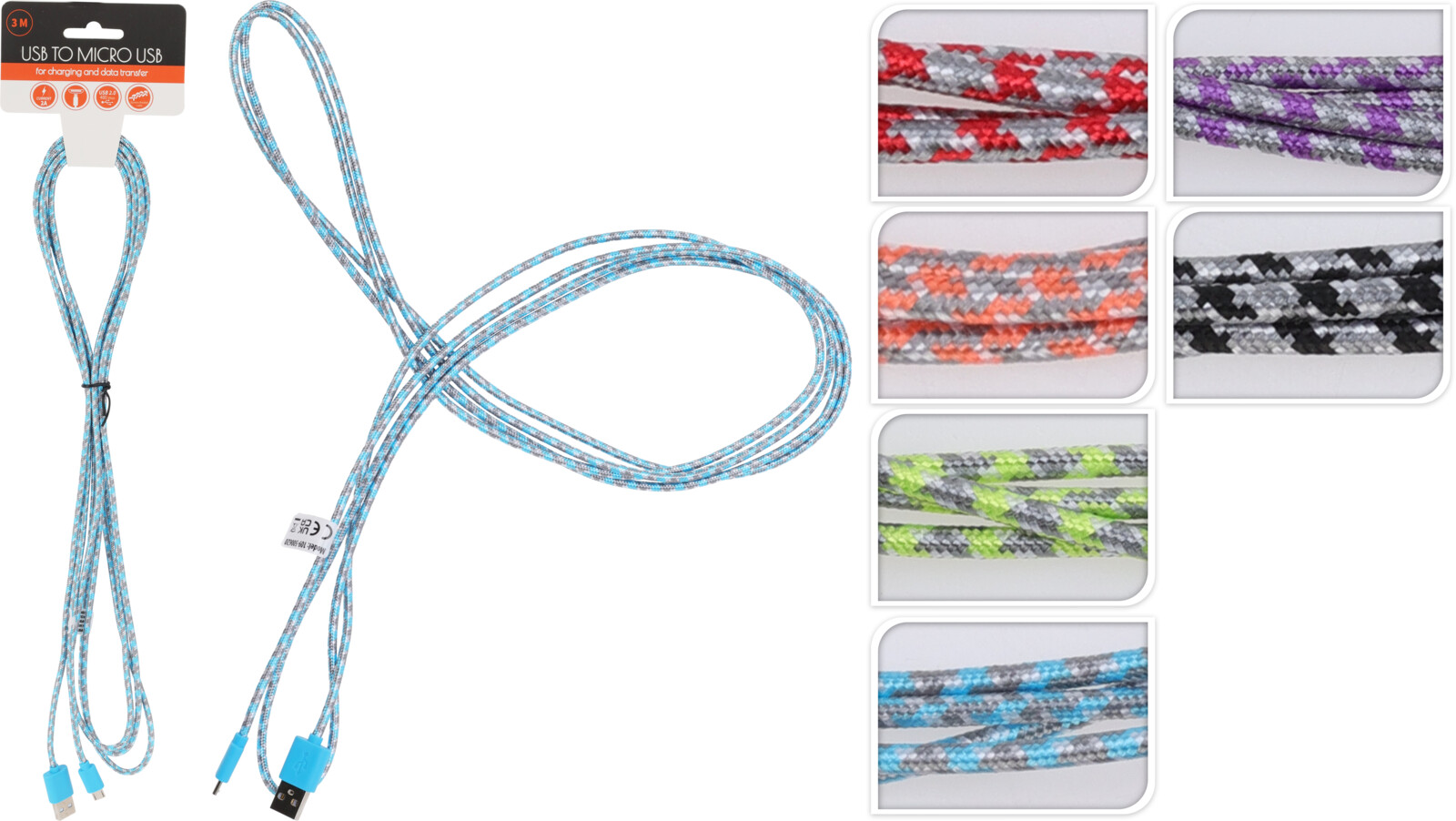 Laddkabel 3m USB-A till Micro USB