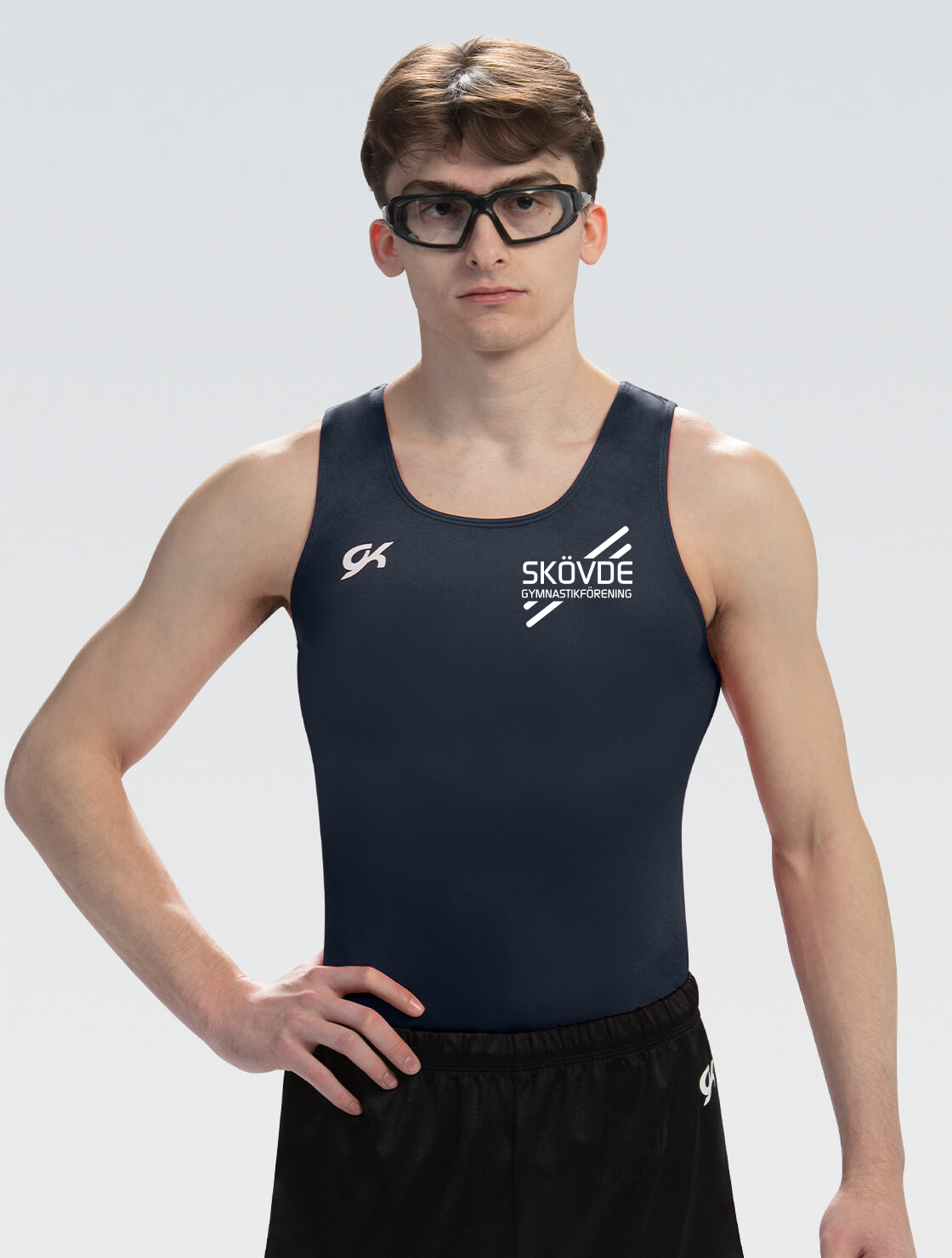 Marinblå eller svart tränings- & tävlingsbody herr, lycra, med Skövde GF:s logo - 2