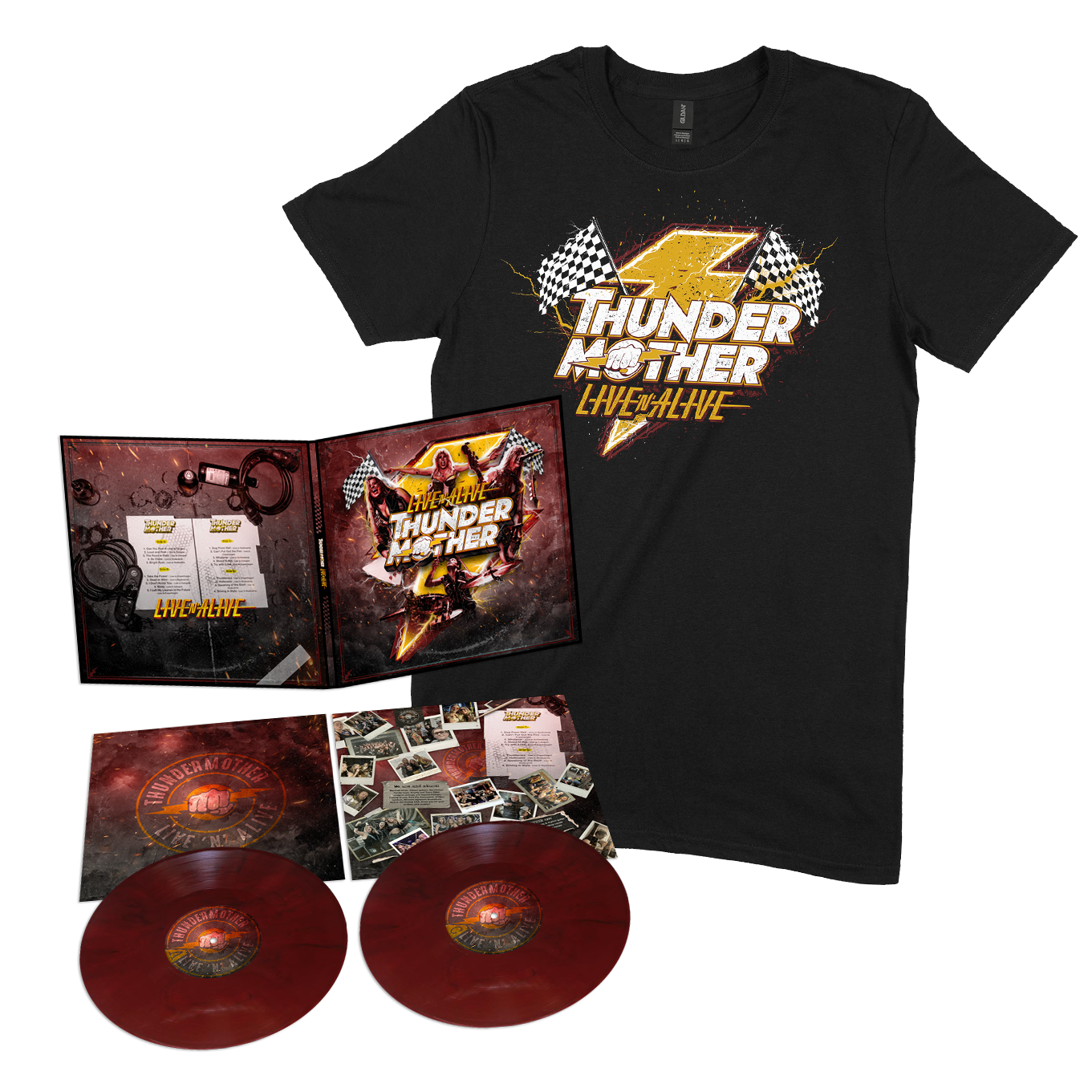 THUNDERMOTHER - LIVE N ALIVE (SIGNED 2-LP OXBLOD MARBLED VINYL) T-SHIRT BUNDLE