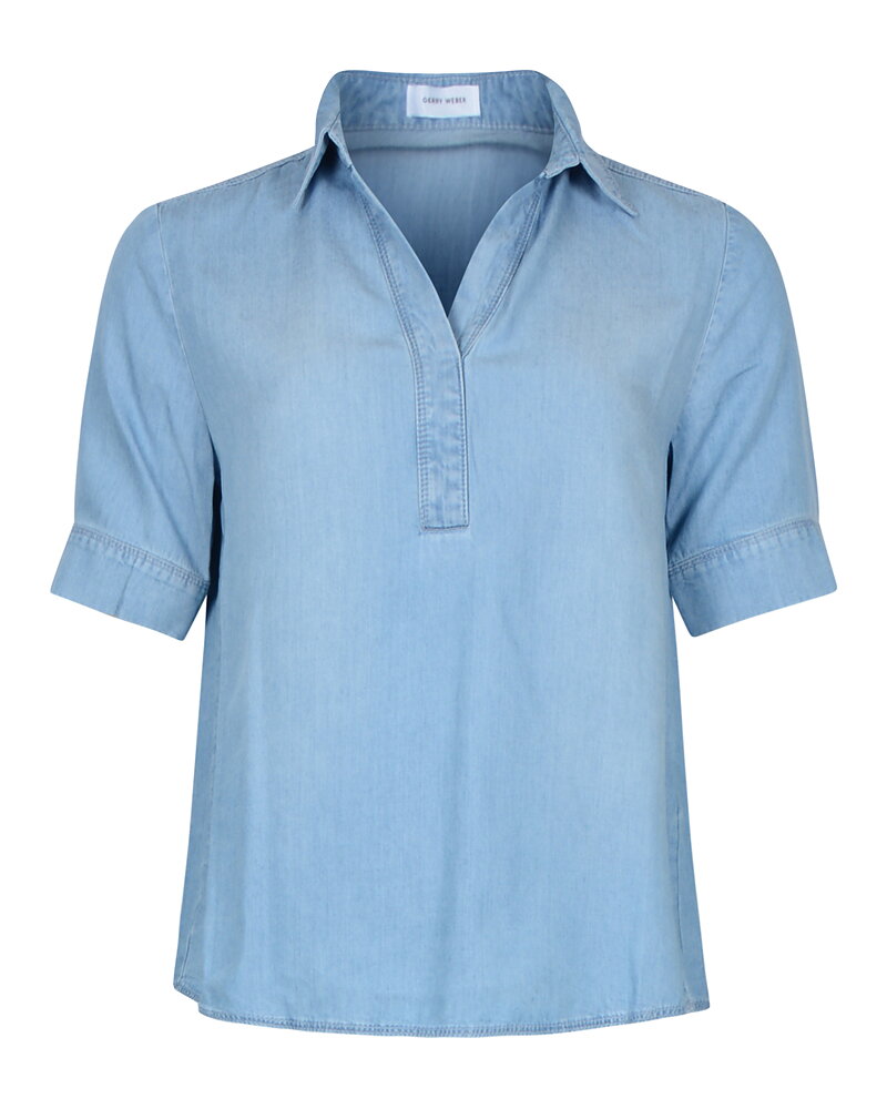 Jeansblus v-ringad krage kort ärm ljus denim