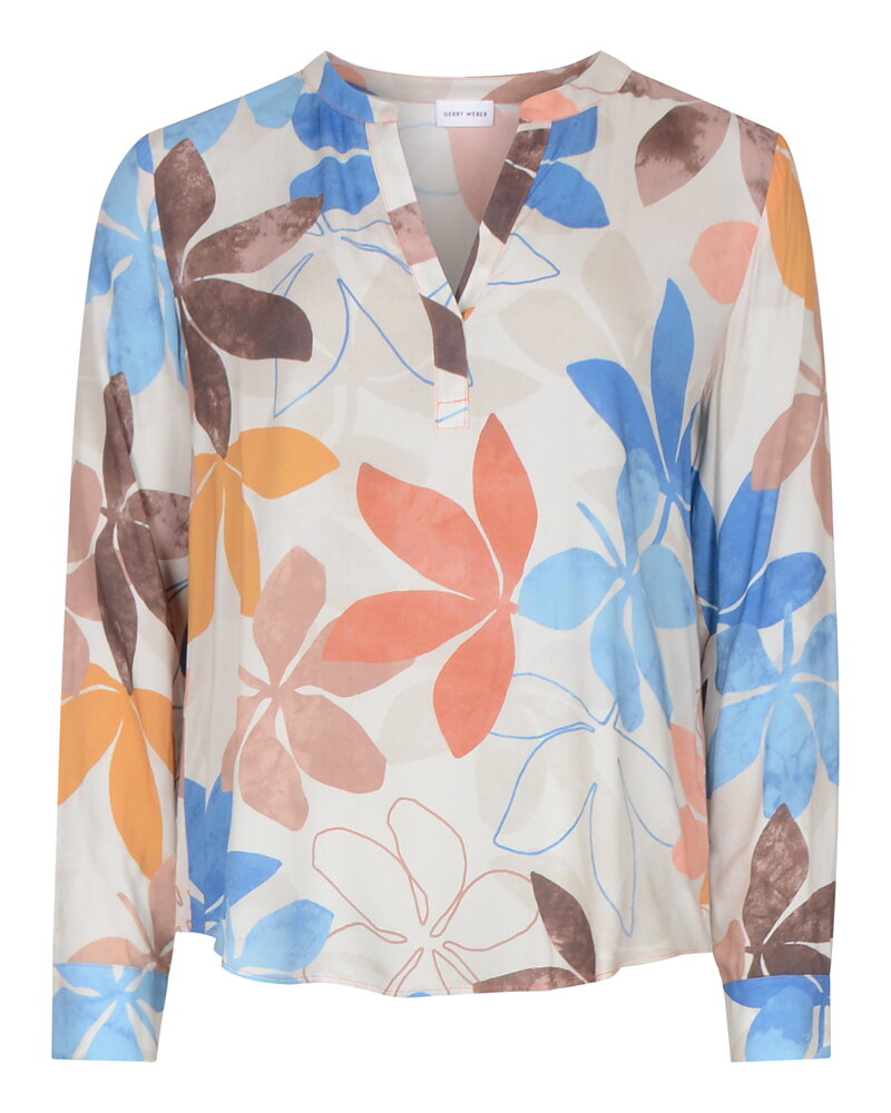 Blus v-ringad blommig korall/blå/brun
