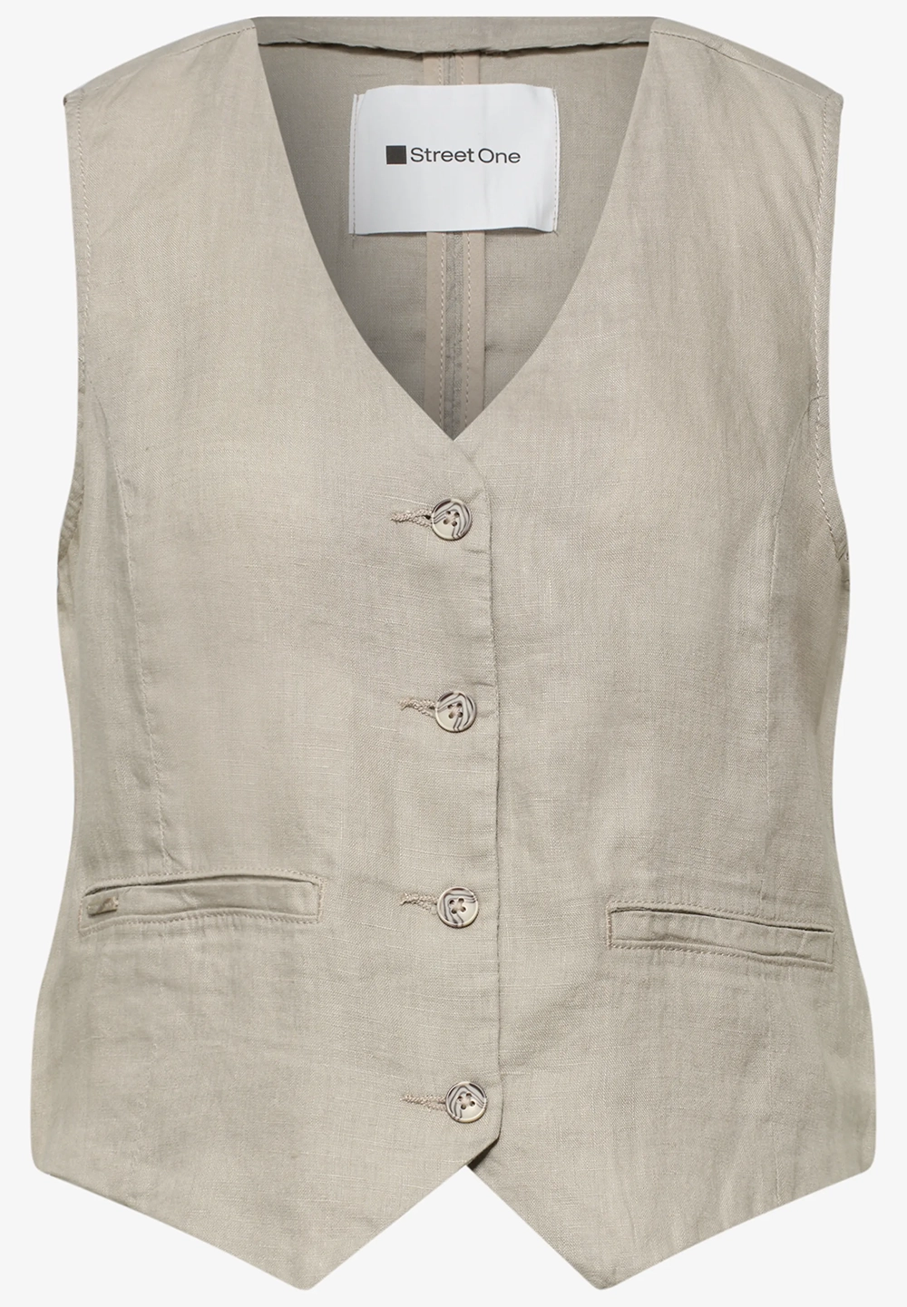 Linneväst med V-ringning och knappar - Timeless beige - 4