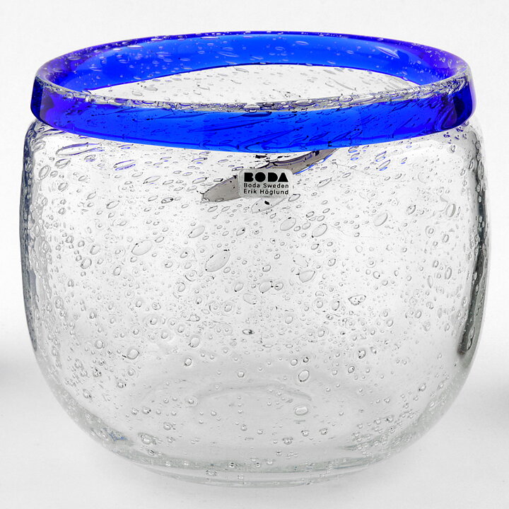 Erik Höglund (1960s) Clear Rounded Bowl with Bubbles and Blue Border 14 cm H2155
