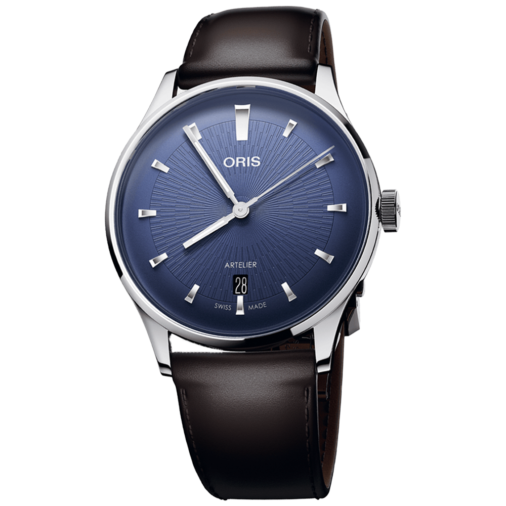 01 733 7810 4055-07 6 20 17FC Oris Artelier Date 38 blå med läderband 