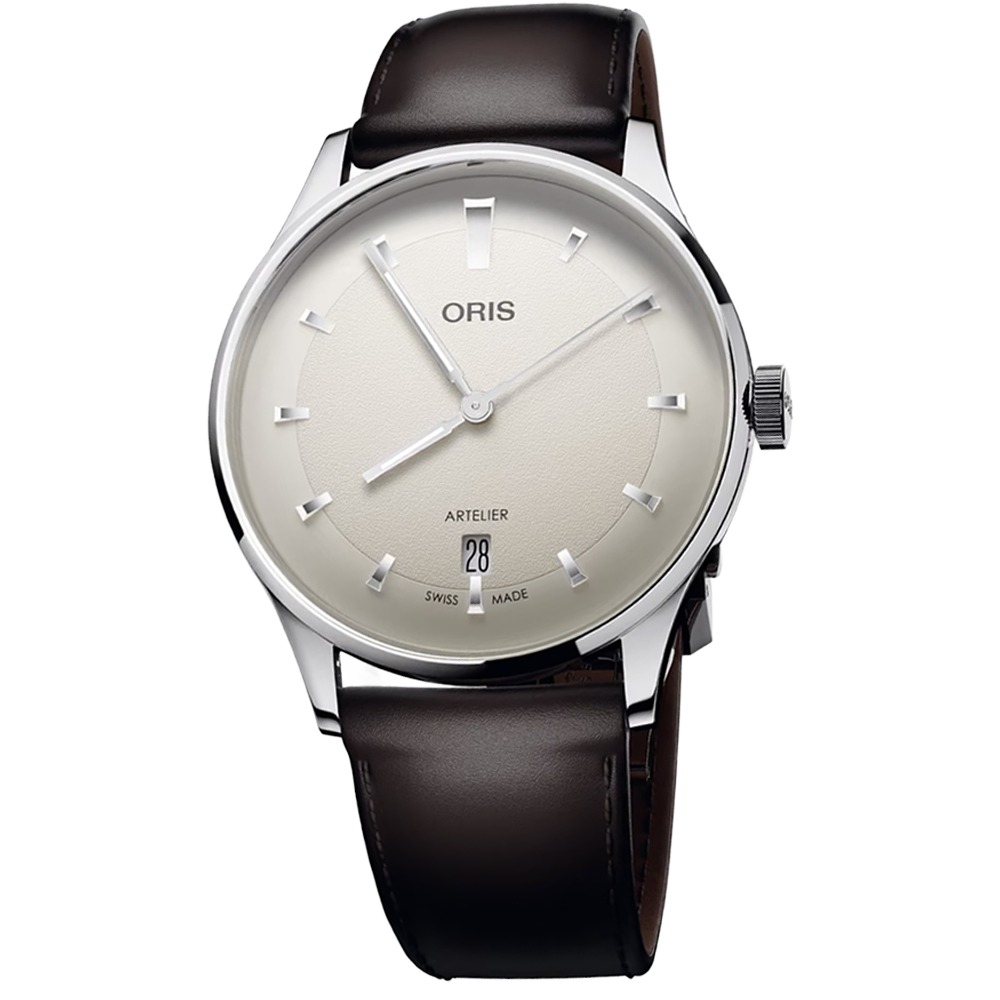 01 733 7810 4051-07 6 20 17FC Oris Artelier Date 38 vit med läderband 