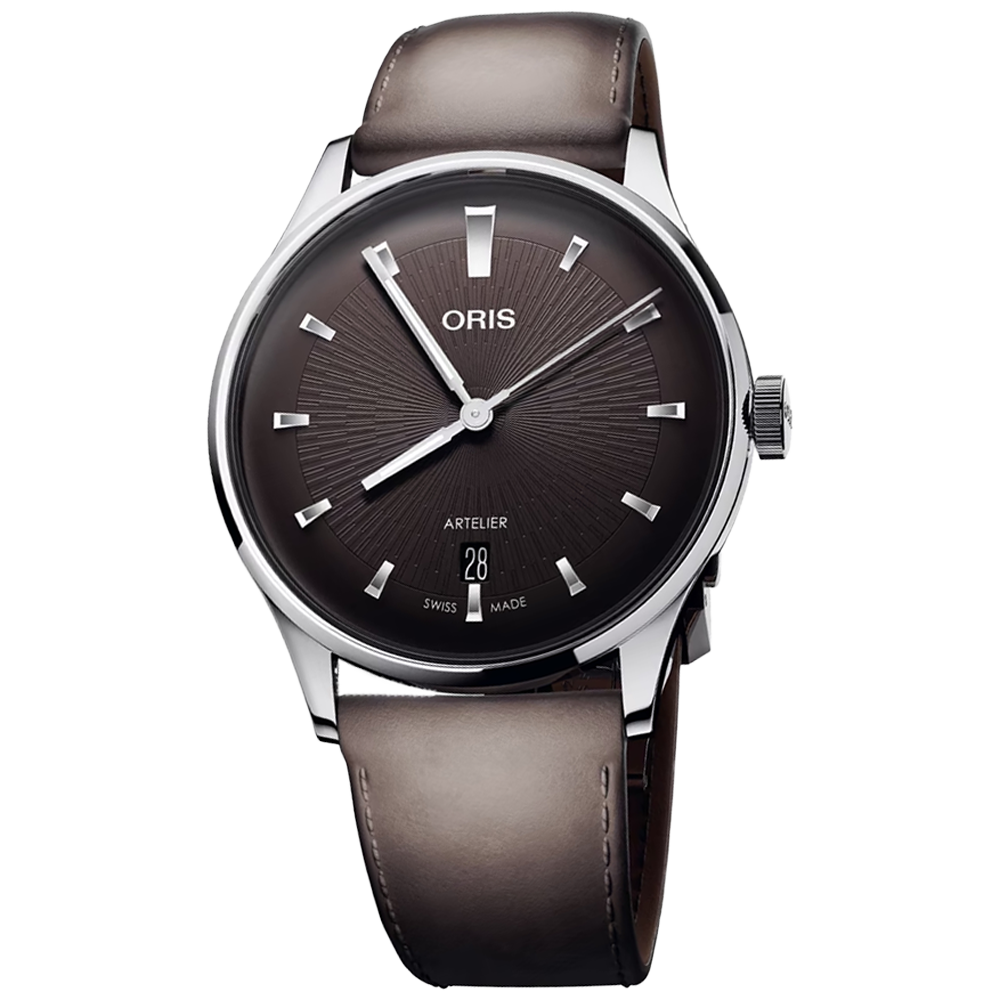 01 733 7810 4054-07 6 20 18FC Oris Artelier Date 38 svart med läderband 