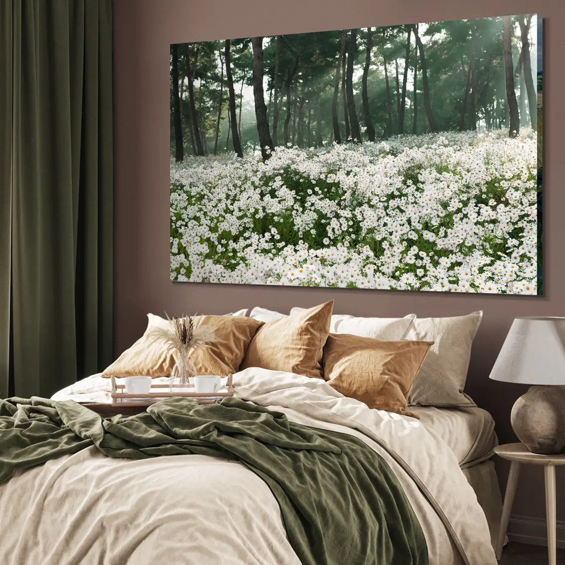 Canvas prints with daisies in a forest setting. A nature motif that adds lightness, calm, and a fresh atmosphere to your space.