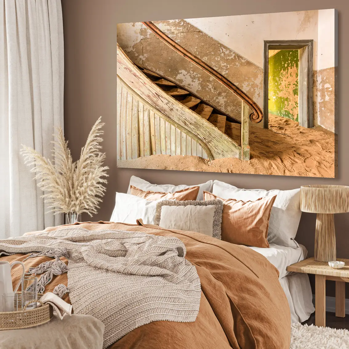 Canvas prints featuring a sand covered staircase with light. A motif that adds contrast, depth, and a thoughtful atmosphere to your space.