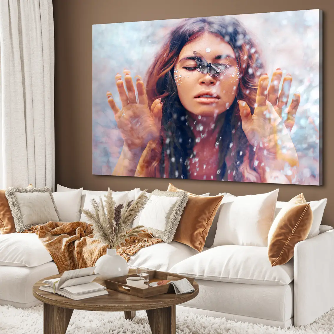 Canvas prints with a woman behind glass and a butterfly. A motif that adds depth, emotion, and a calm atmosphere.