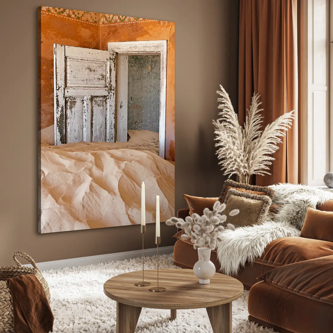 Canvas prints featuring a door in a sand-filled room. A motif that adds contrast, depth, and a calm atmosphere.