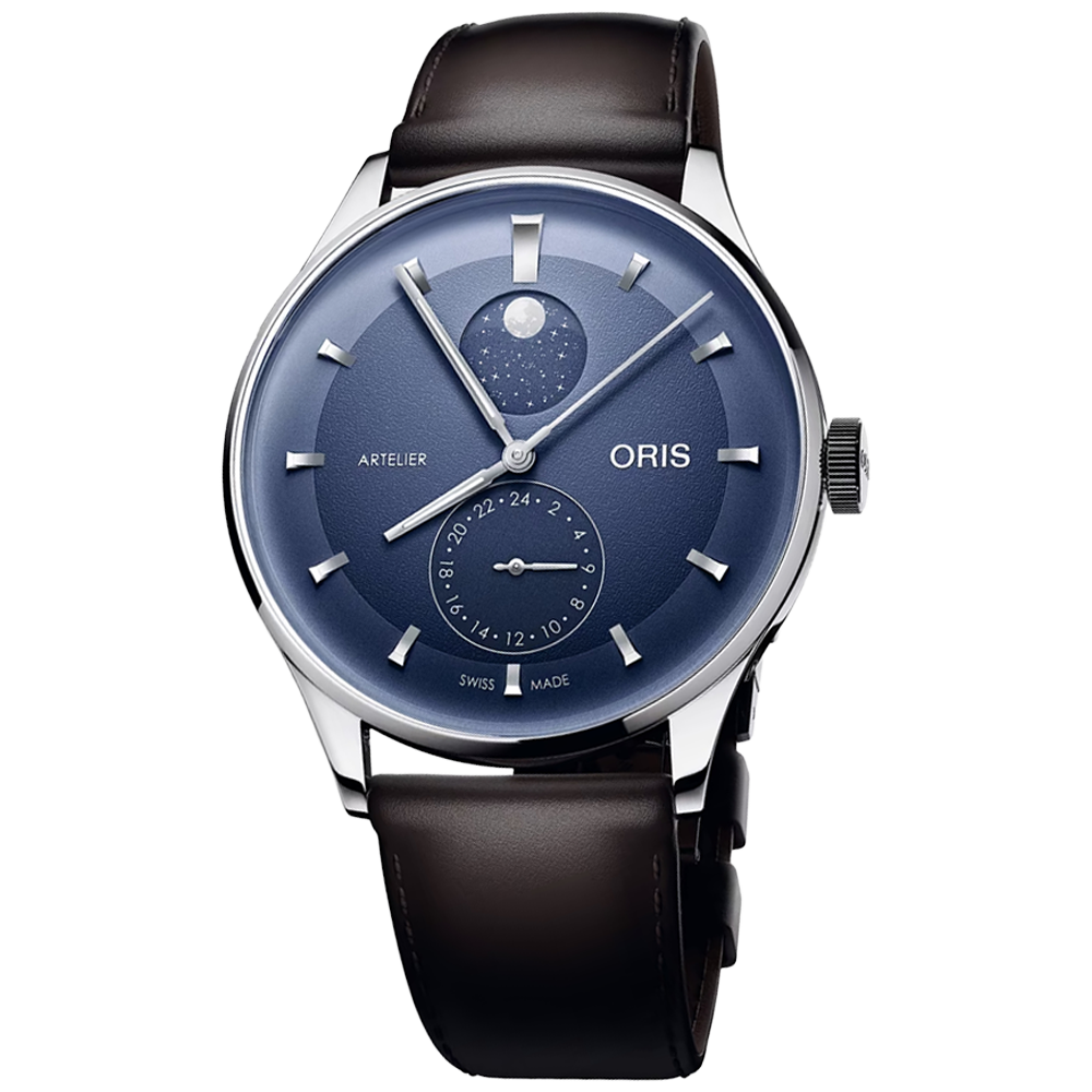 01 782 7811 4055-07 6 20 17FC Oris Artelier Complication 39,5 blå med läderband