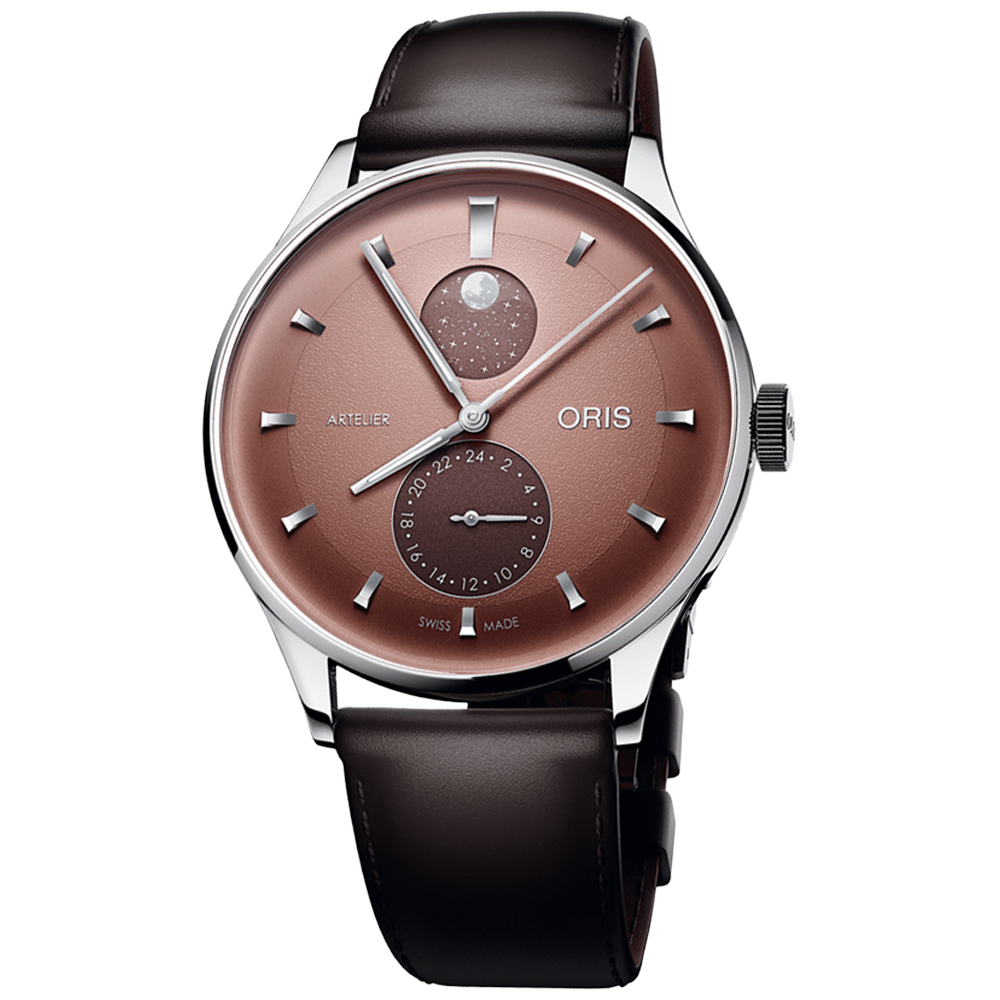 01 782 7811 4056-07 6 20 17FC Oris Artelier Complication 39,5 rödbrun med läderband