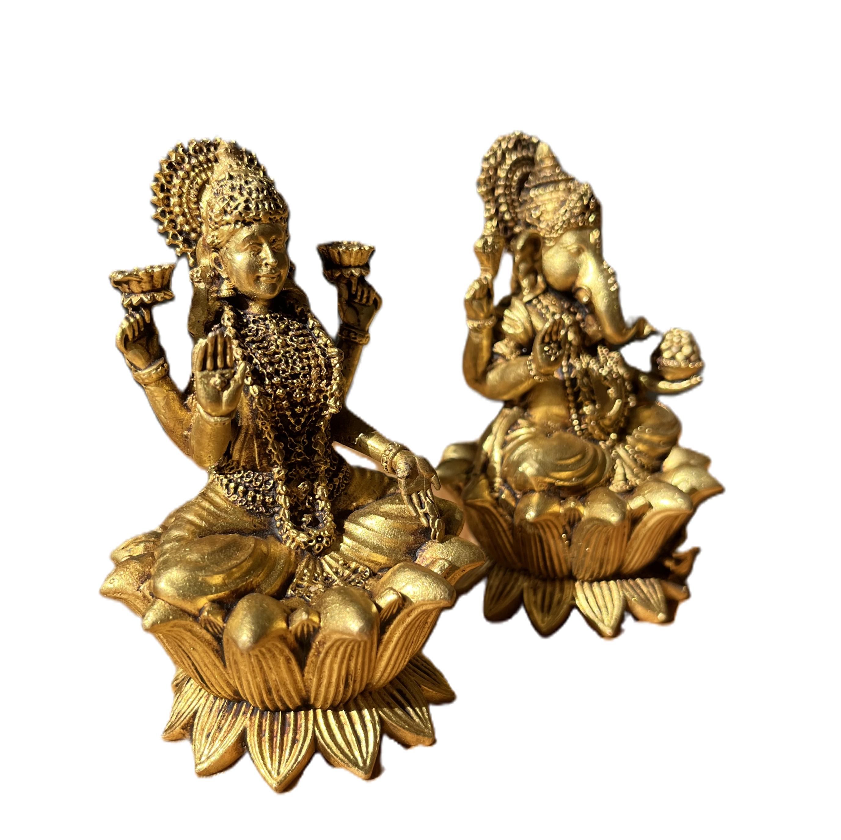 Laxmi Ganesh på Lotus Statyer Set om Två mässing 9cm - 2