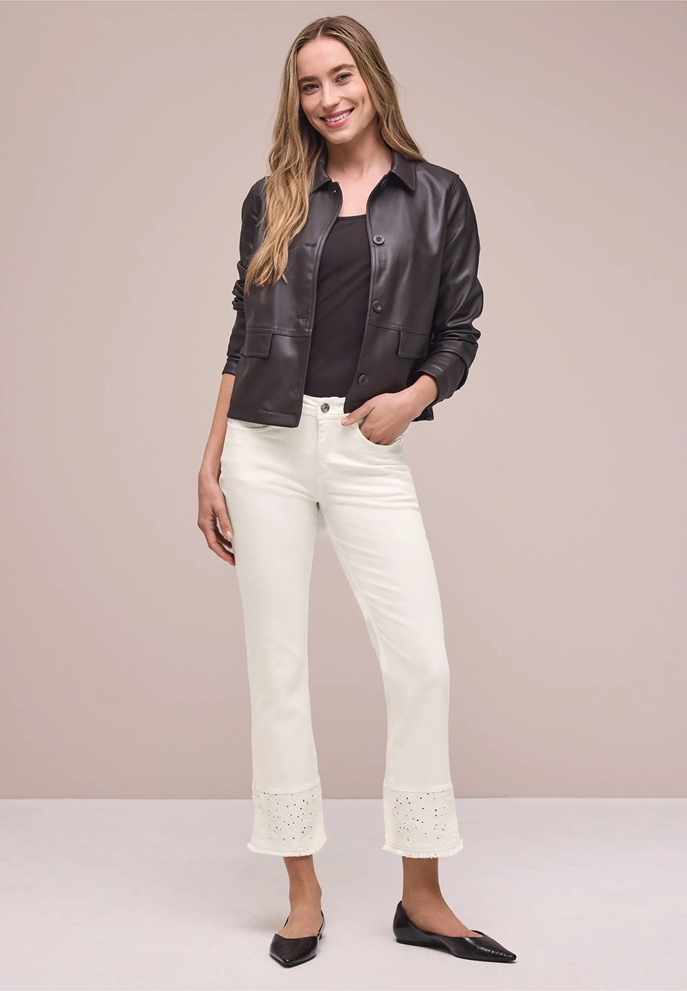 Utsvängda jeans med dekorativ fåll Ecru washed - 3