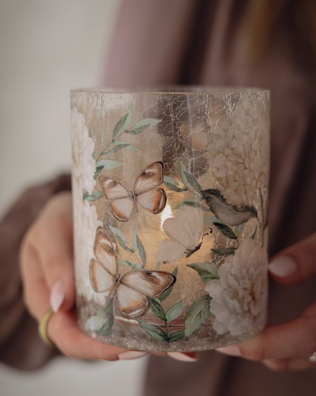 Candle lantern "Hydrangea &amp; Butterflies" large - Majas Cottage