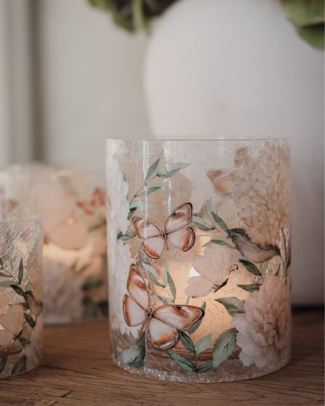 Candle lantern "Hydrangea &amp; Butterflies" large - Majas Cottage