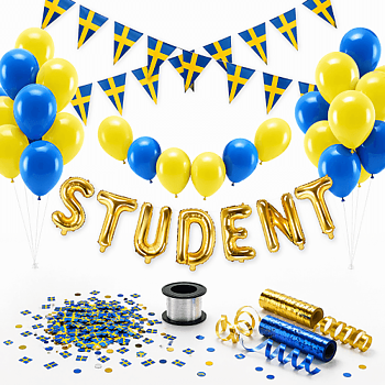 Studentdekoration paket standard med studentballonger, girlang och konfetti i blått och gult