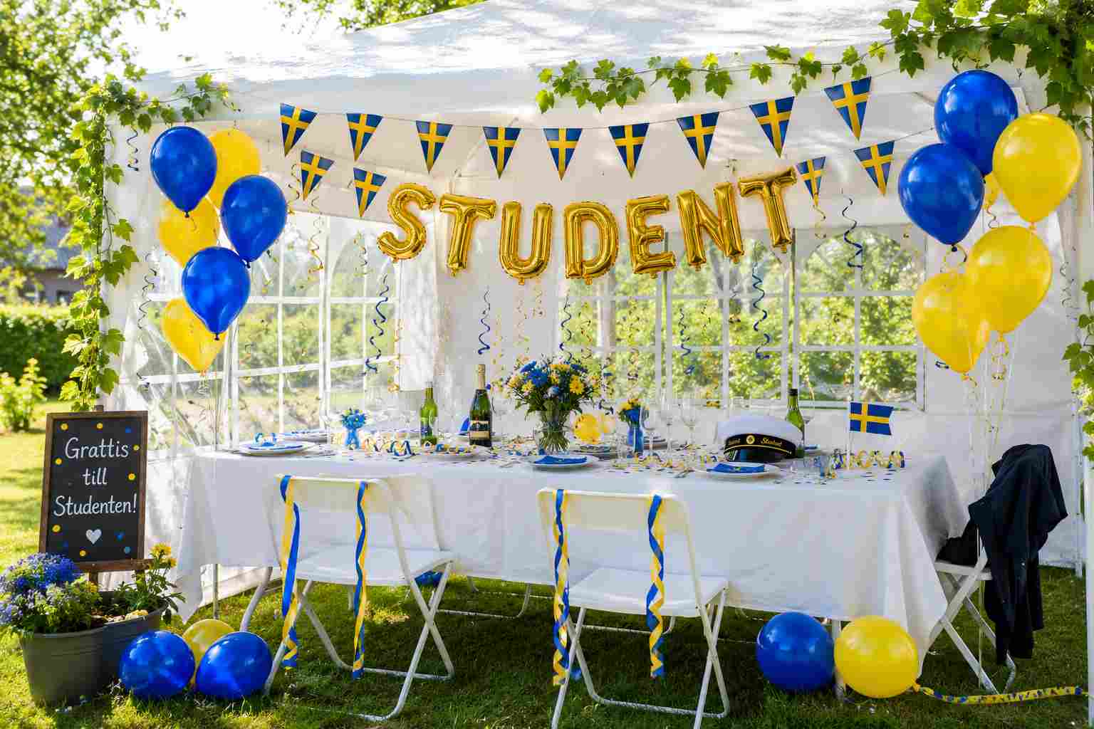 Studentdekoration paket uppsatt i tält till studentmottagning utomhus med studentballonger och girlang