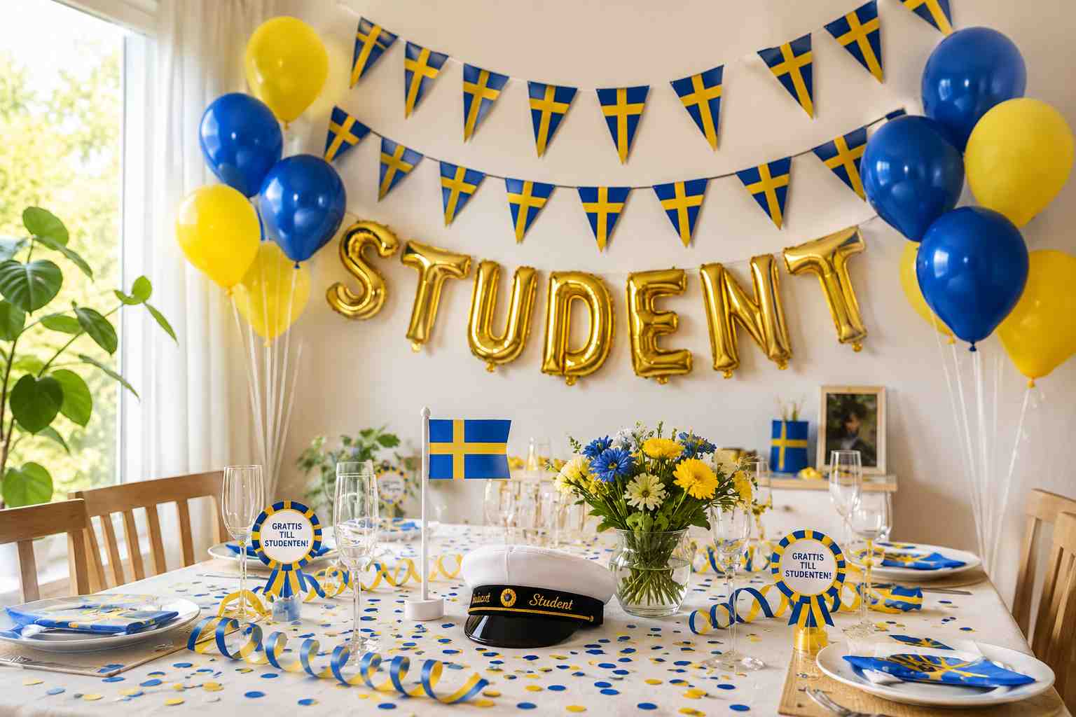 Studentdekoration paket uppdukat till studentfest inomhus med ballonger och studentgirlang