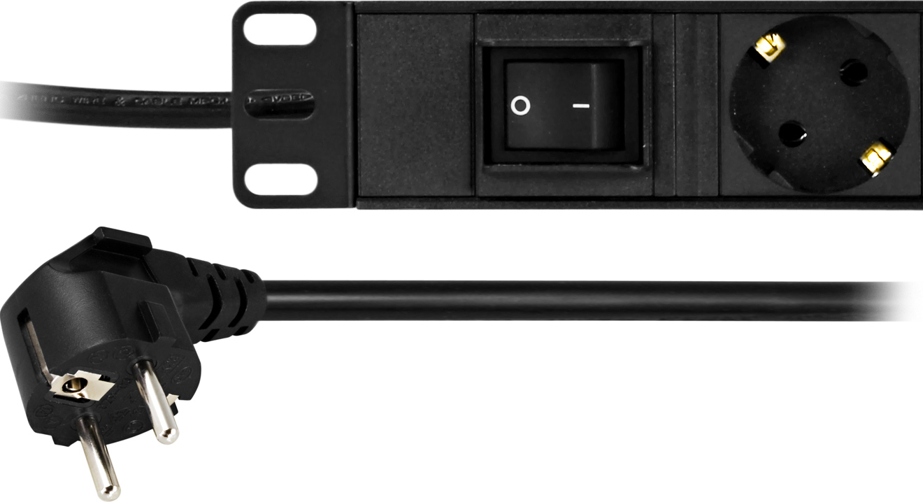 Deltaco Grenuttag med 8 uttag, brytare, 19" 1U, 3m kabel, svart