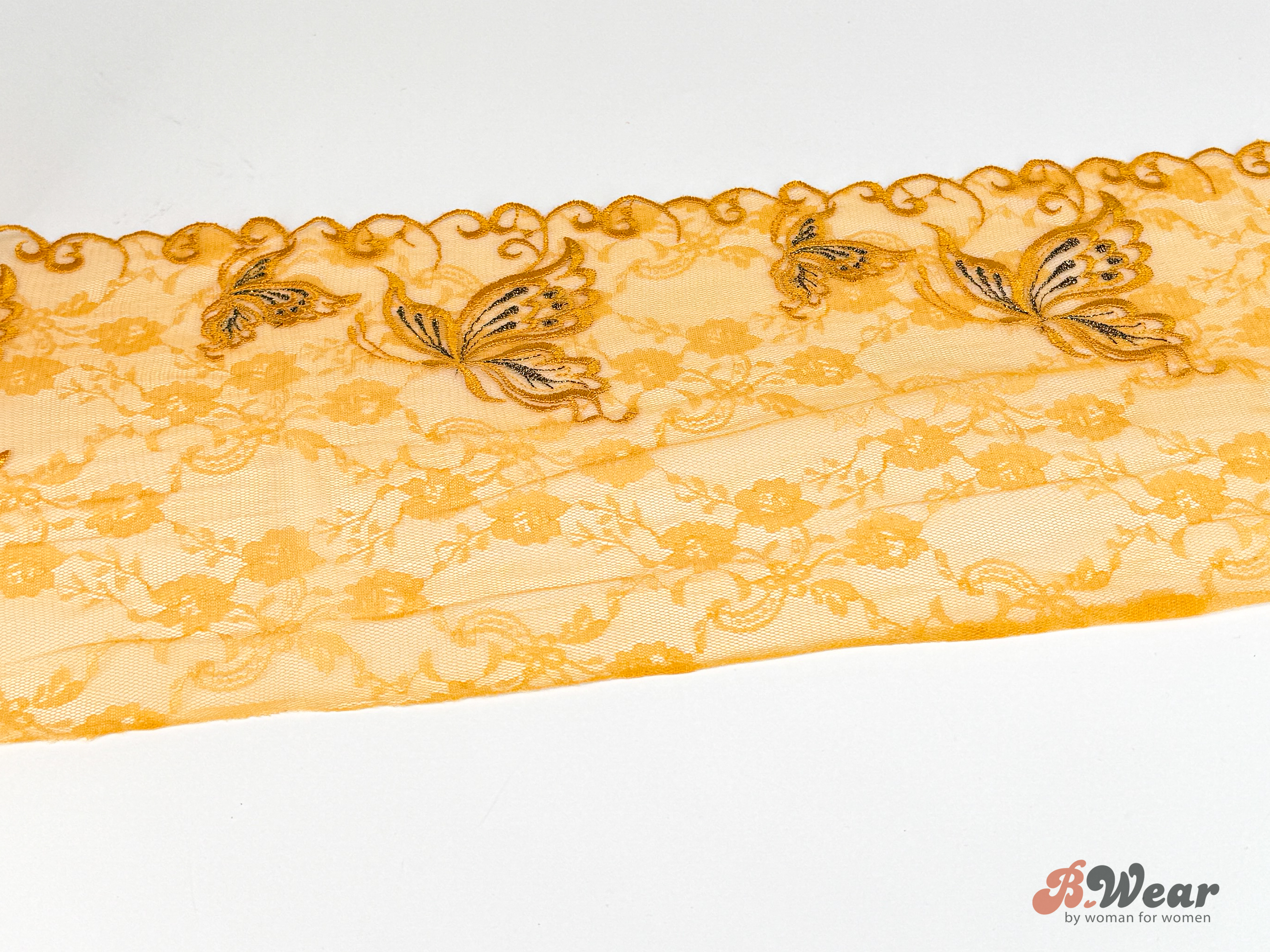 Non-stretch lace in yellow with beautiful butterflies - 20 cm - Right & left - 3
