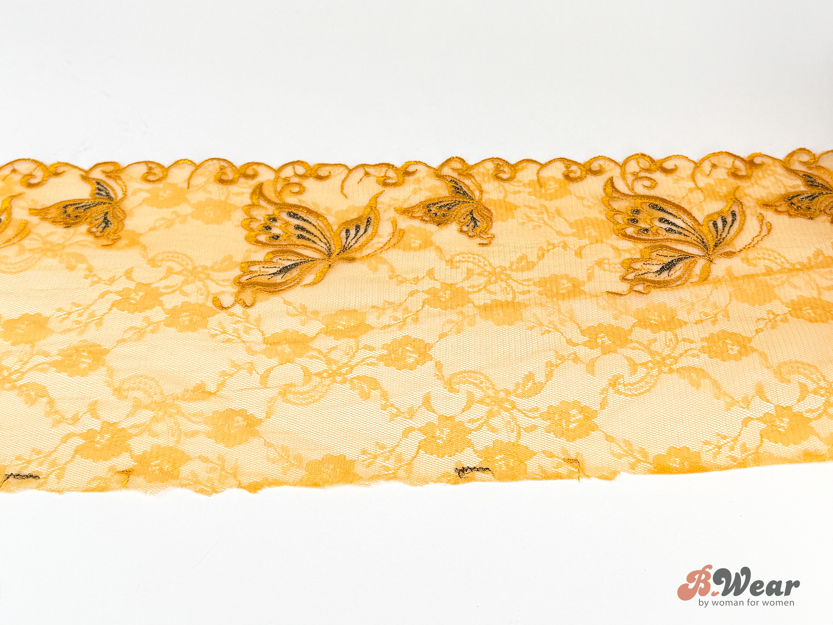 Non-stretch lace in yellow with beautiful butterflies - 20 cm - Right & left - 2