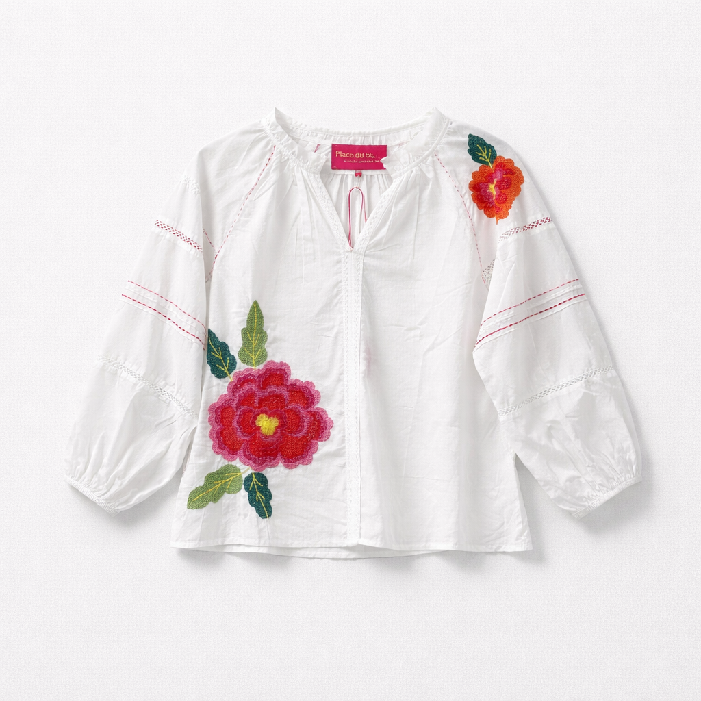 White Blouse Embrodery Flower - Place Du Soleil