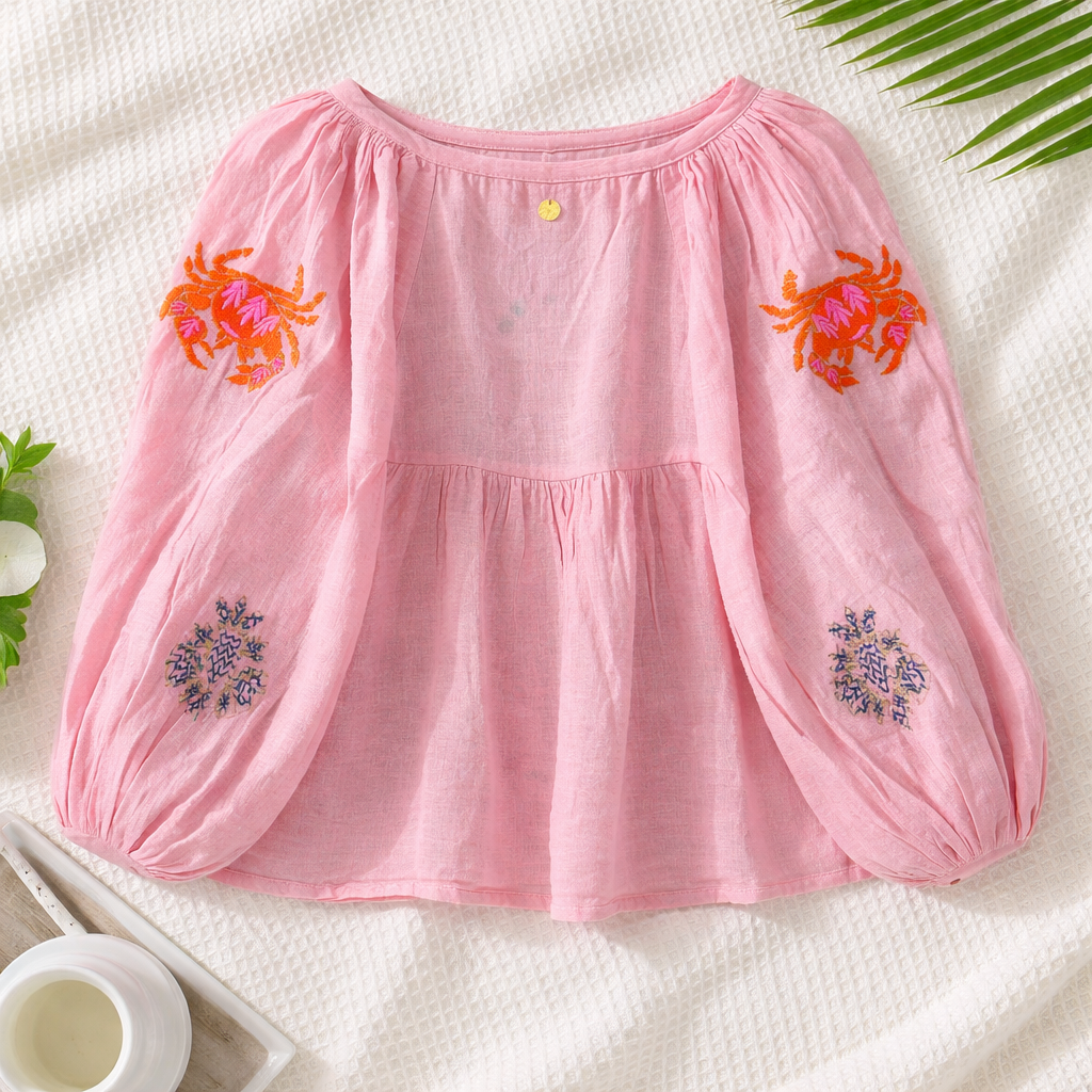 Colored Crab Embroided Blouse - Place Du Soleil - 4