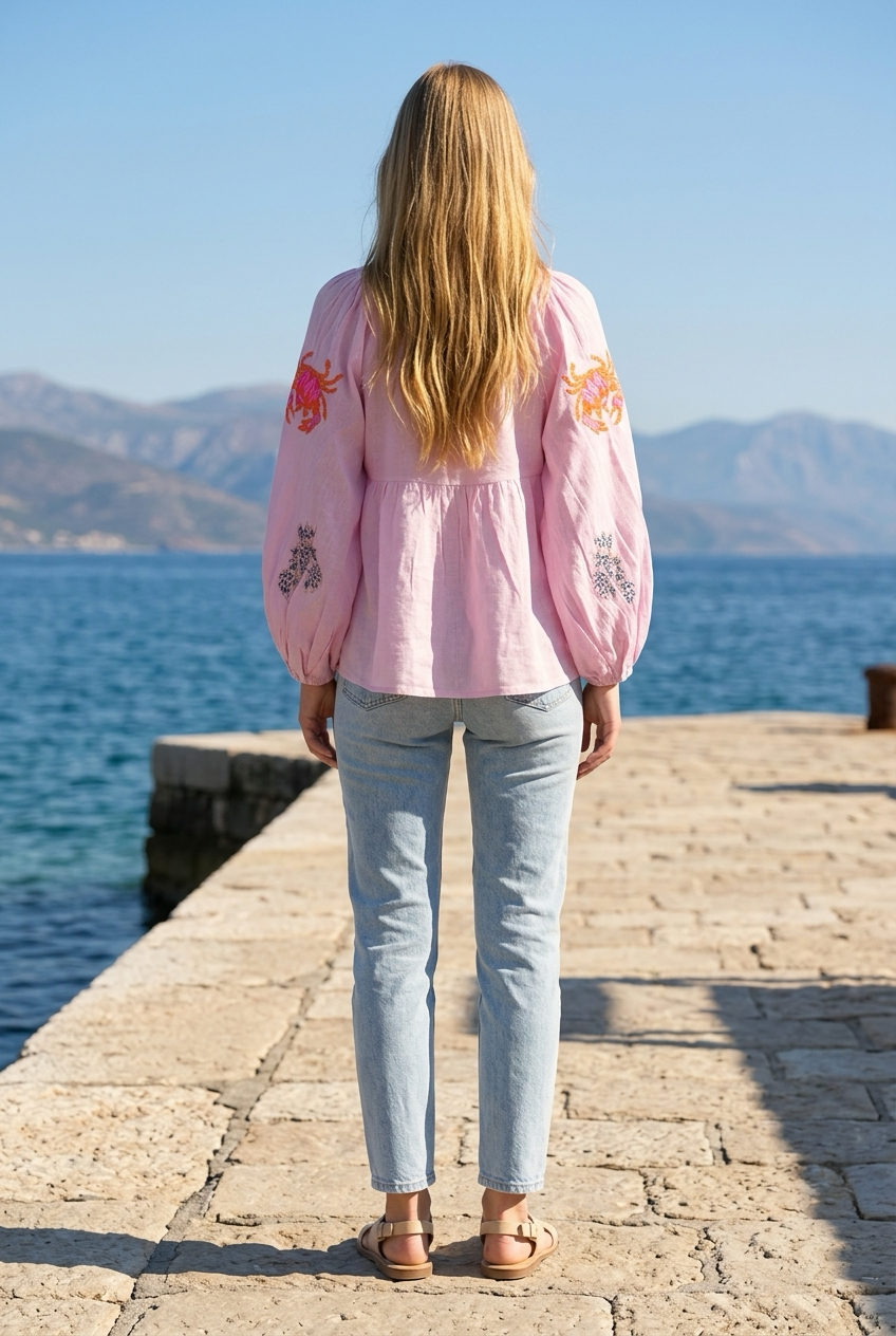 Colored Crab Embroided Blouse - Place Du Soleil