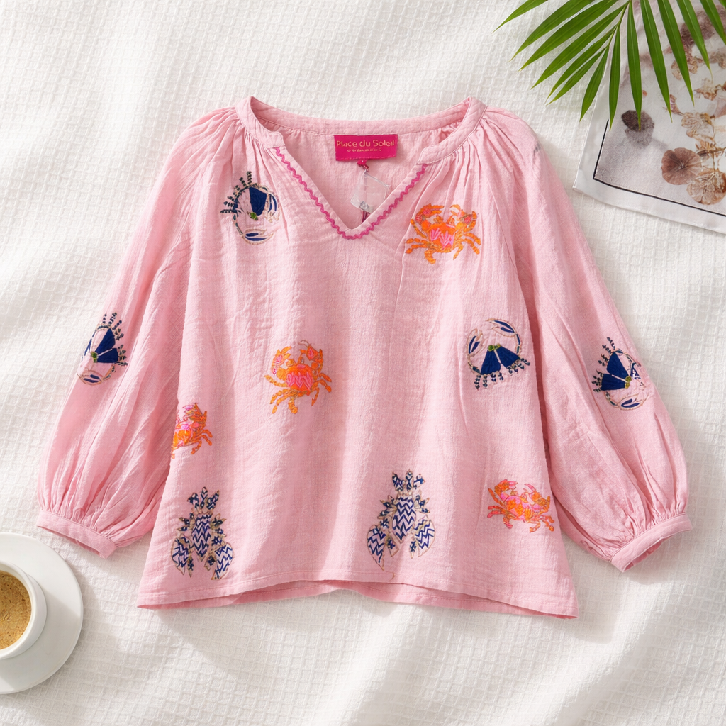 Colored Crab Embroided Blouse - Place Du Soleil - 3