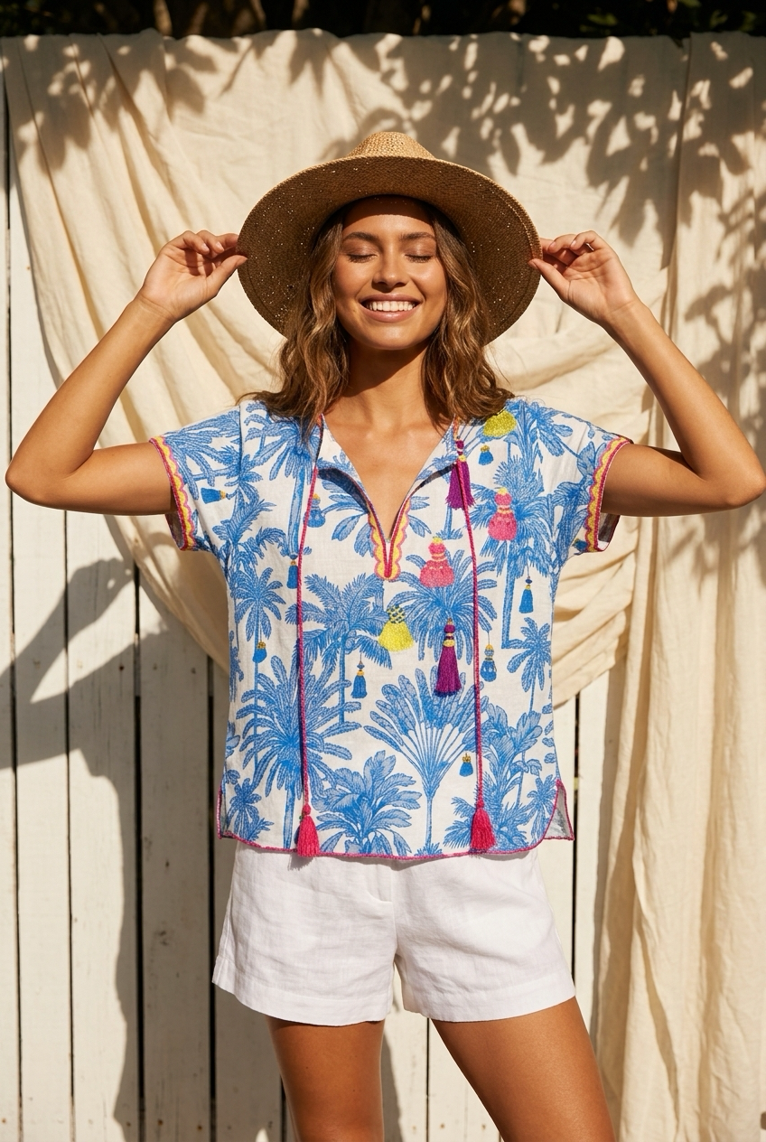 Blue Palm Blouse - Place Du Soleil