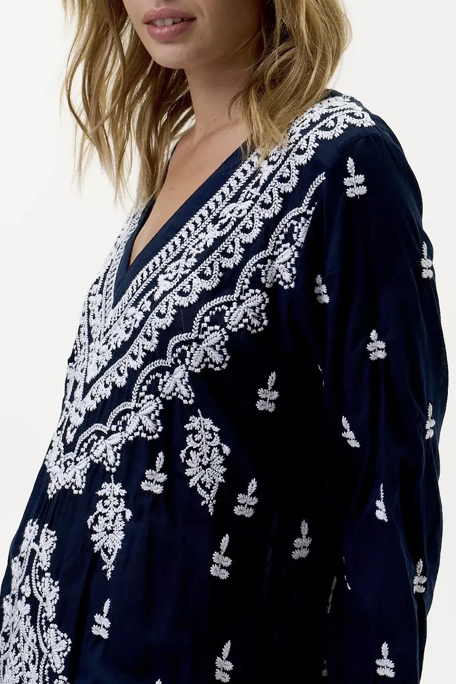 One Season  - Long Goa Embroidery Cotton Navy/White - 2