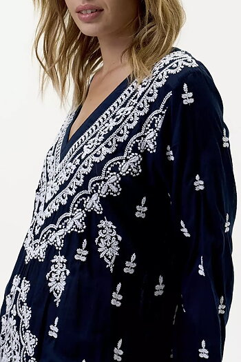 One Season  - Long Goa Embroidery Cotton Navy/White