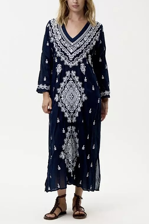 One Season  - Long Goa Embroidery Cotton Navy/White