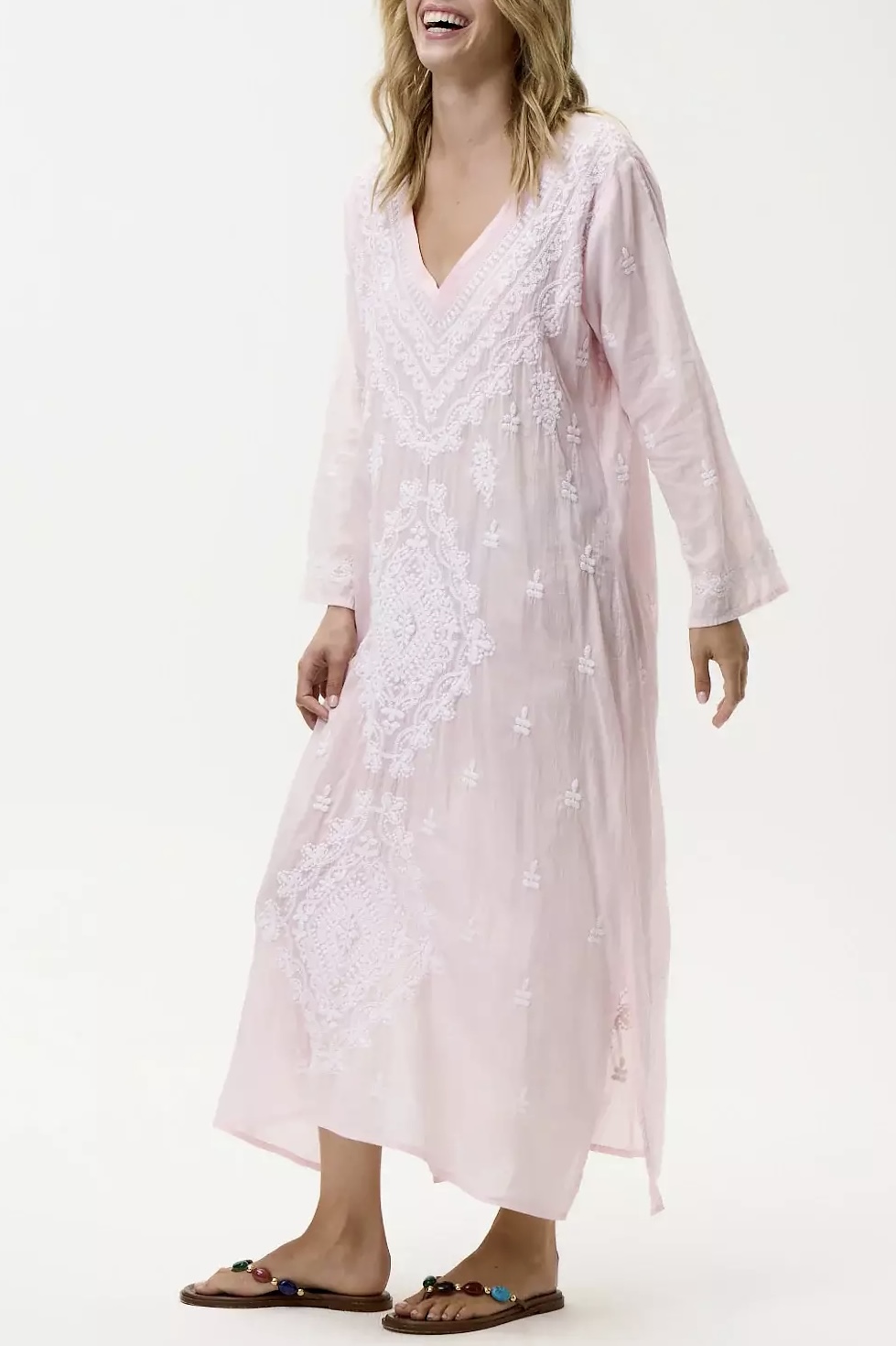 One Season  - Long Goa Embroidery Cotton Pink / White - 3