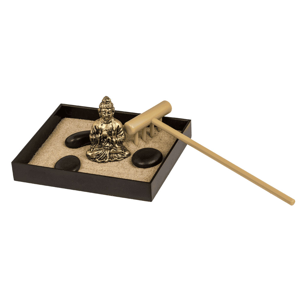 Mini Zen-Trädgård med Buddha-figur, stenar och kratta
