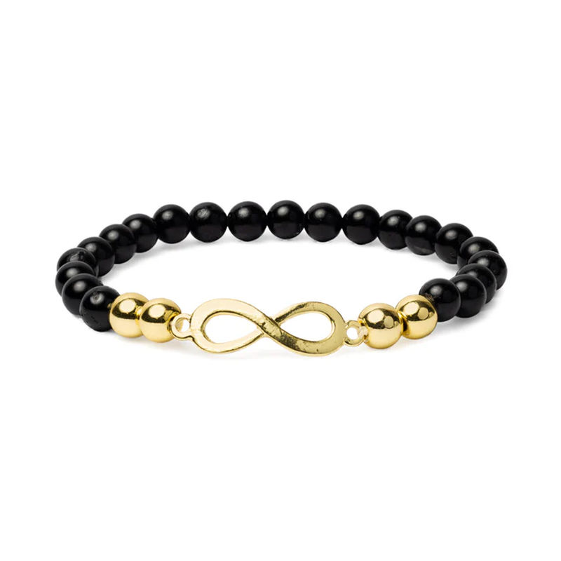 Armband svart turmalin, hematit och oändlighetssymbol