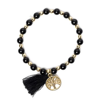 Armband svart turmalin, hematit, Livets träd och tofs