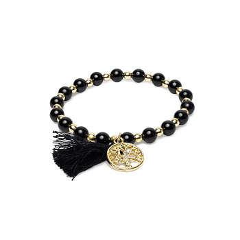 Armband svart turmalin, hematit, Livets träd och tofs