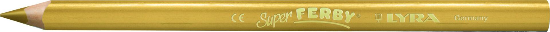 Lyra Super Ferby Guld Super Ferby är Lyras mest välkända färgpenna och används flitigt av både barn och vuxna. Detta tack vare färgens höga pigmentering som inte lämnar någon besviken!  Super Ferby är 20 cm lång och har en triangulär kropp som ger ett bra grepp. Det tjocka hellimmade stiftet är 6.25 mm brett och ger rikligt med färg (som dessutom är helt vattenresistent).  Kropp helt i PEFC-certifierat trä. Super Ferby uppfyller även Upphandlingsmyndighetens krav för Giftfri Förskola.
