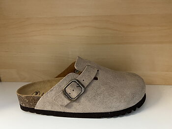 Scholl-toffel i skinn. Färg: Taupe. Väldigt skön fotriktig sko.  
