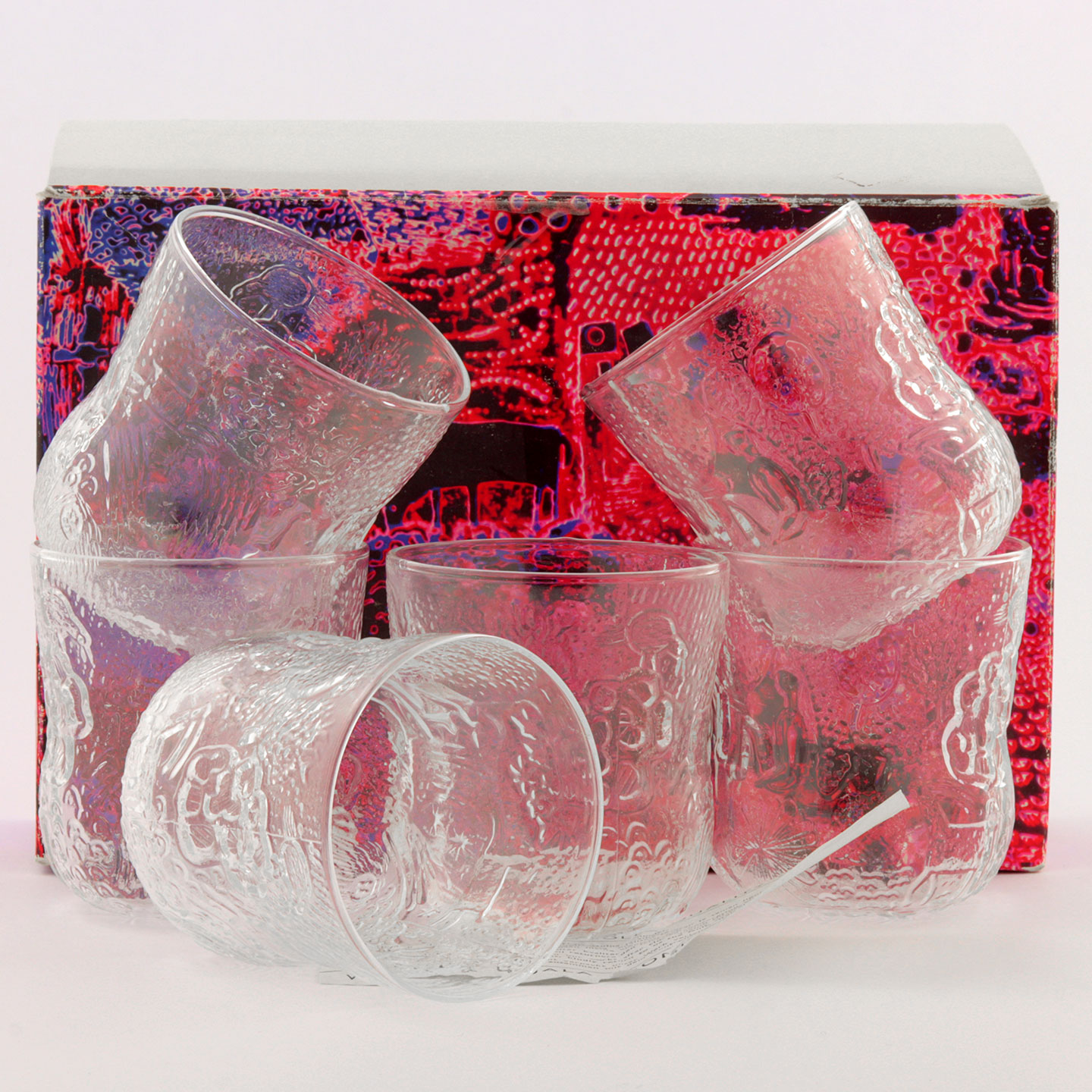 Oiva Toikka (Fauna 1970) Six Clear Glasses with Animal Relief 7.5