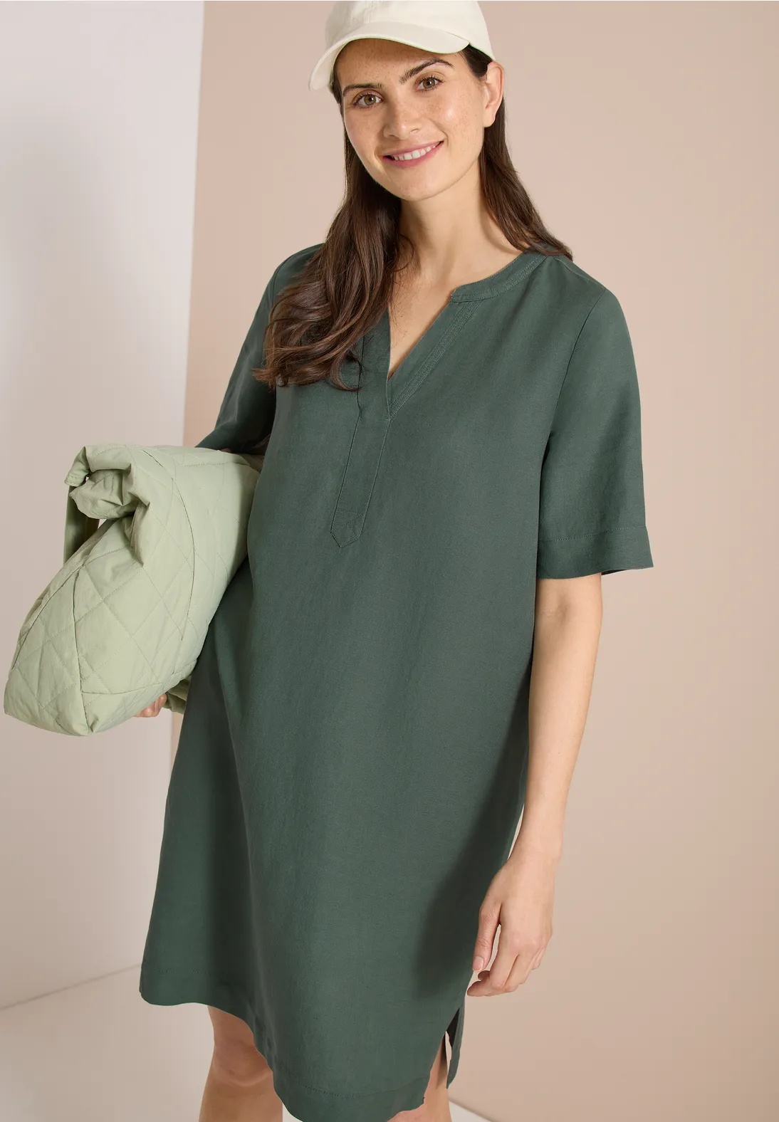 LI/CV Solid Split Neck Dress - Just Khaki - Cecil