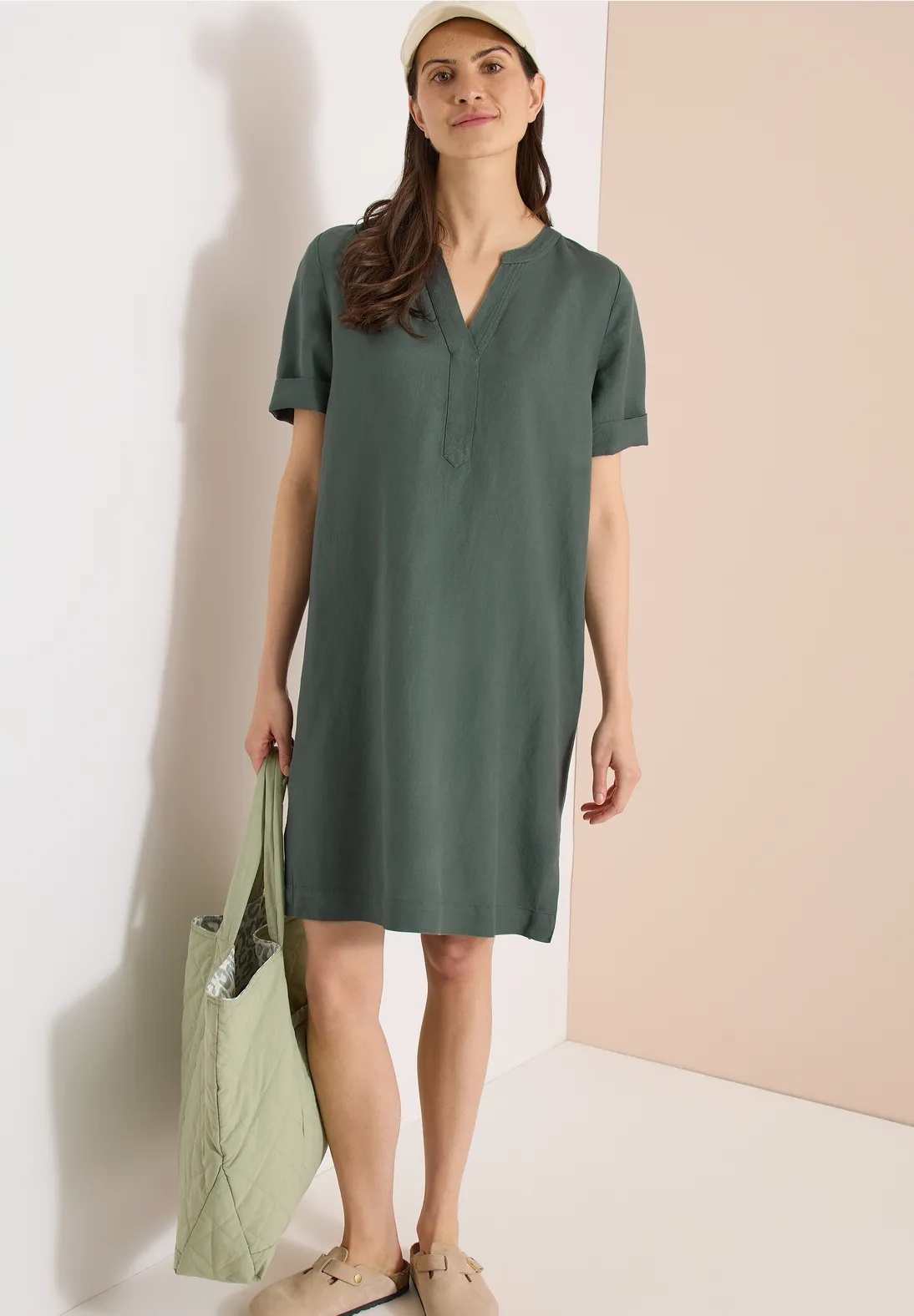 LI/CV Solid Split Neck Dress - Just Khaki - Cecil