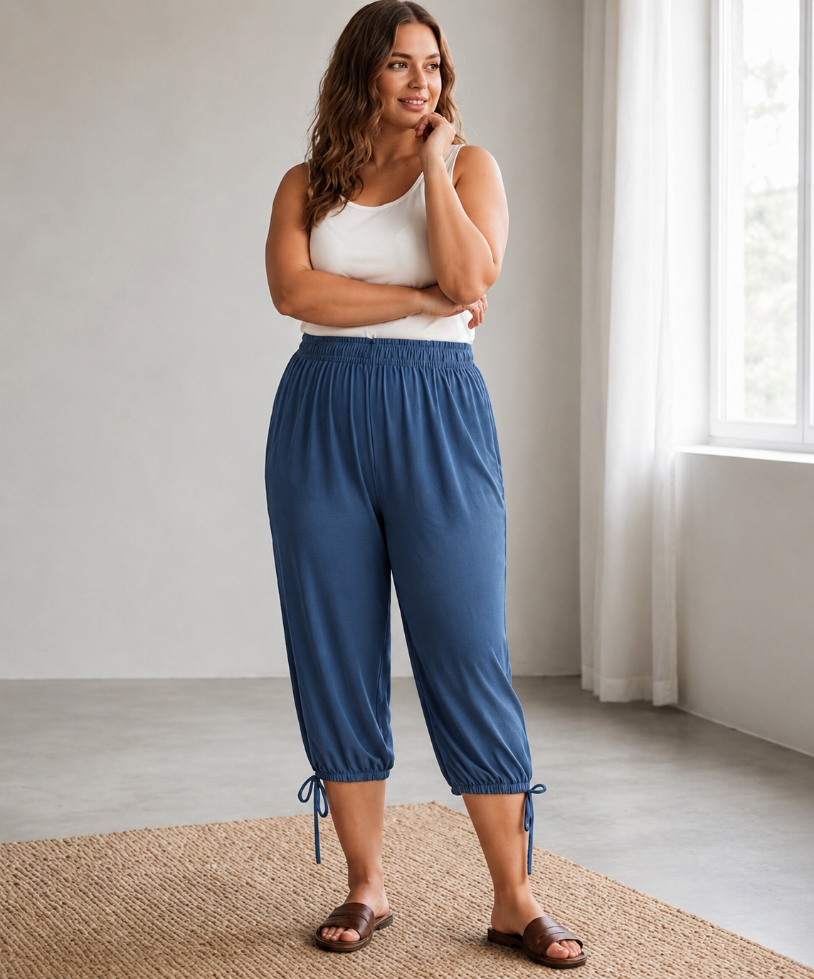 Byxa i caprimodell med resårmidja, blå 