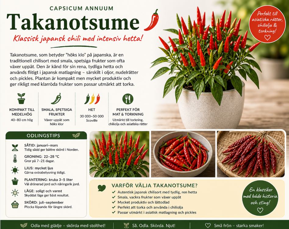 Chili - ‘Takanotsume’  Klassisk japansk chili med intensiv hetta