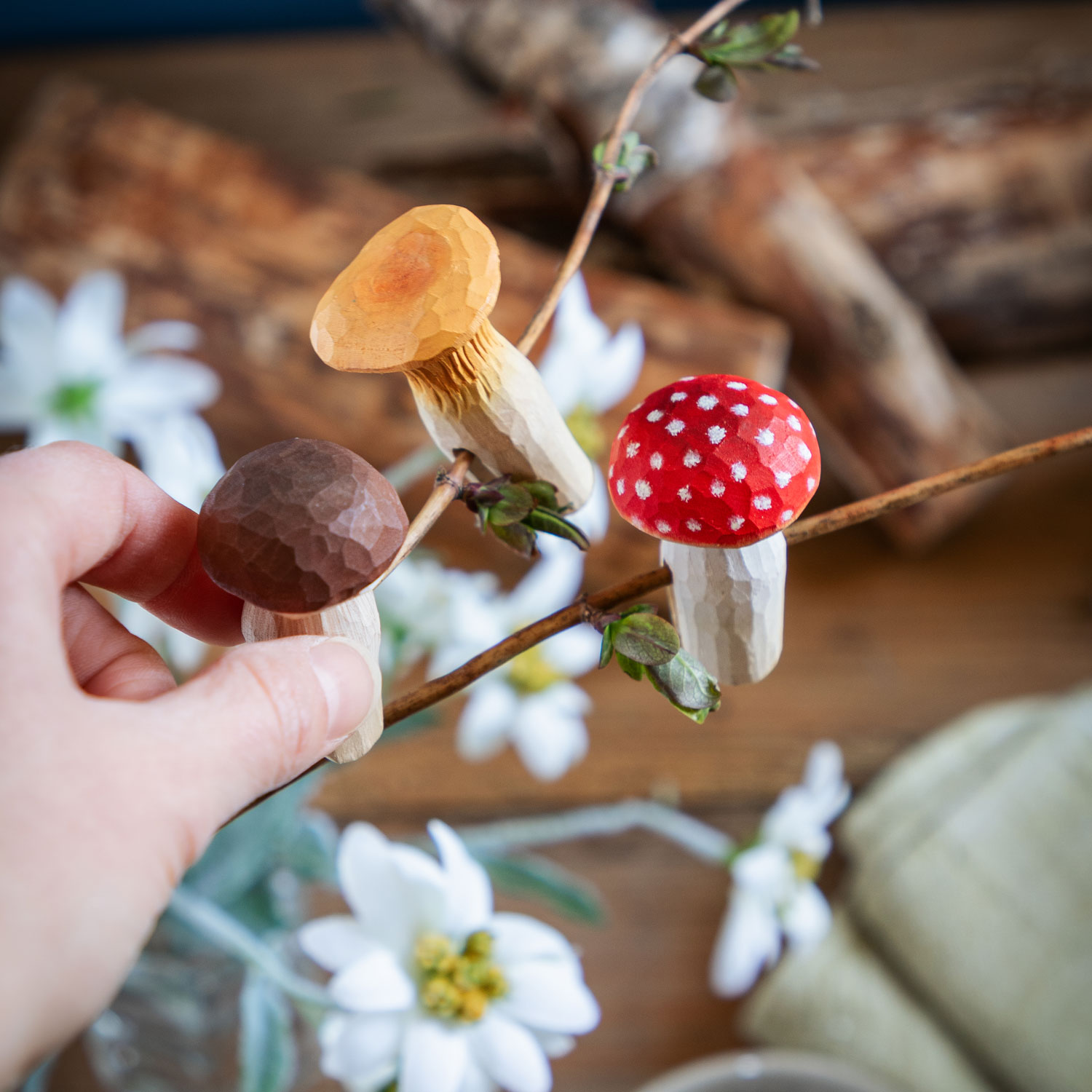 Décor Forestier – Champignons avec cèpe, amanite tue-mouches et girolle placés sur des branches de sapin.