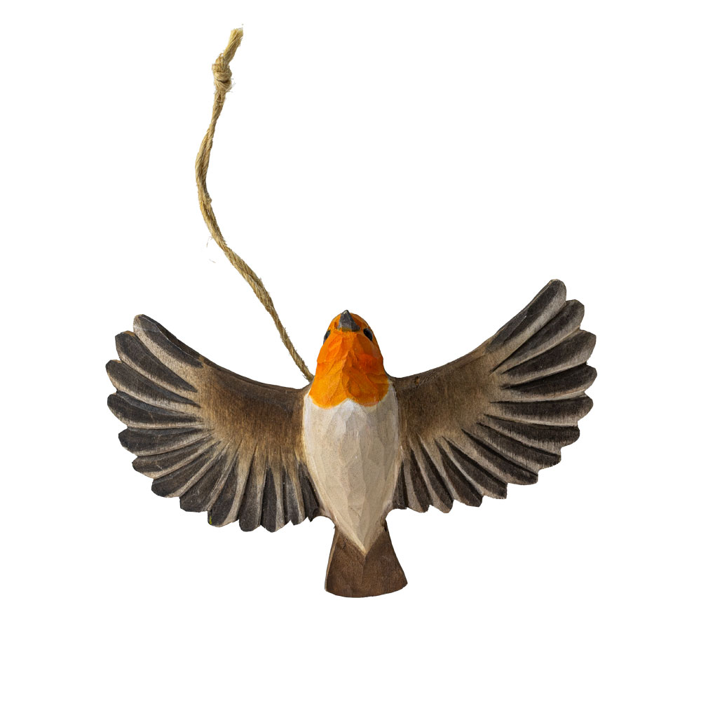Forest Décor – Flying Robin viewed from below with spread wings and hanging string.