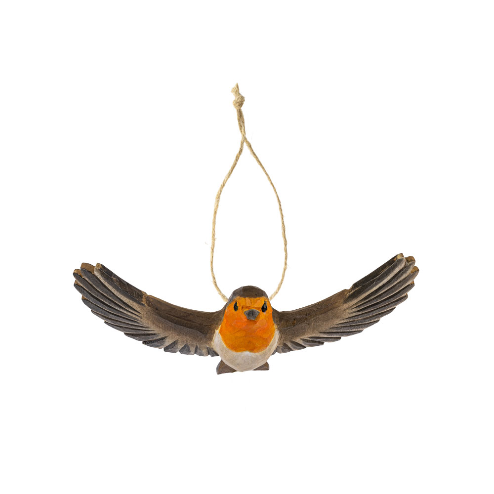 Forest Décor – Flying Robin front view with spread wings and hanging string.